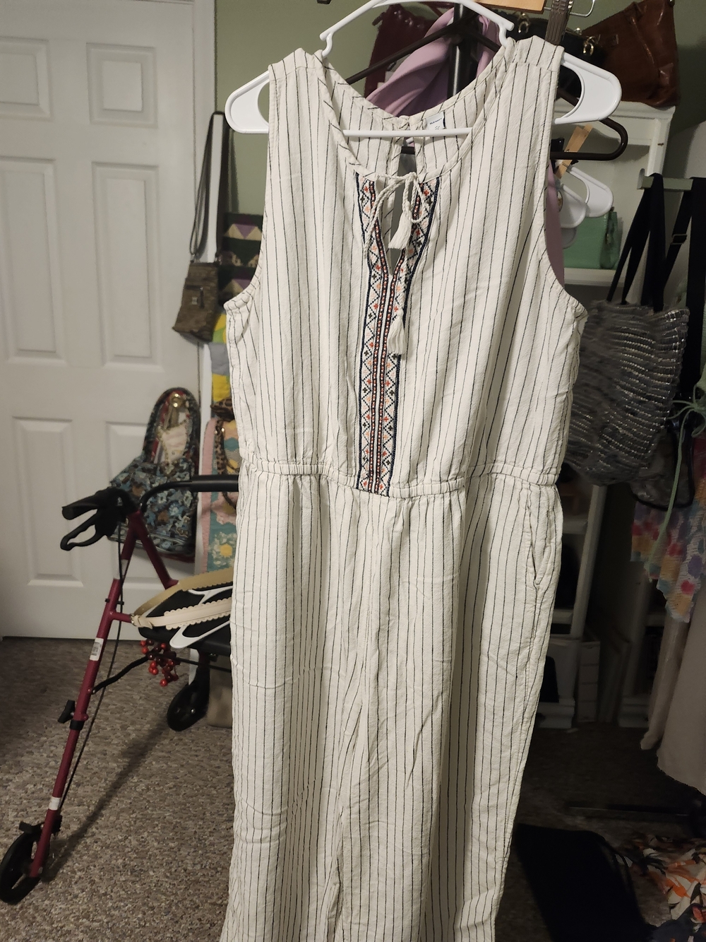 Striped Cream Sleeveless Jumpsuit with Embroidered Trim Wide Leg.
